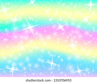 Unicorn rainbow background. Holographic sky in pastel color. Bright mermaid pattern in princess colors. Vector illustration. Fantasy gradient colorful backdrop with rainbow mesh.