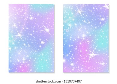 Unicorn rainbow background. Holographic sky in pastel color. Bright hologram mermaid pattern in princess colors. Vector illustration. Unicorn Fantasy gradient colorful rainbow backdrop.