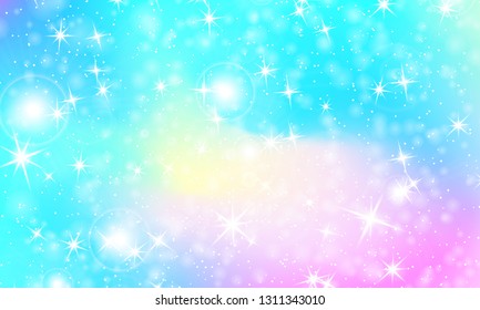 Unicorn rainbow background. Holographic sky in pastel color. Bright mermaid pattern in princess colors. Vector illustration. Fantasy gradient colorful backdrop with rainbow mesh.
