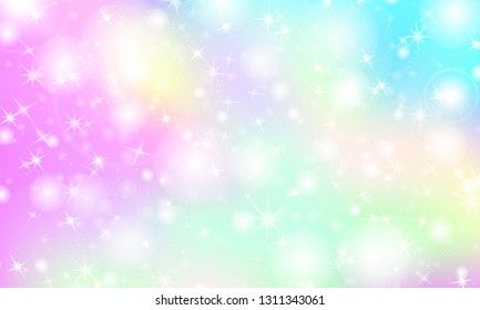 Unicorn rainbow background. Holographic sky in pastel color. Bright mermaid pattern in princess colors. Vector illustration. Fantasy gradient colorful backdrop with rainbow mesh.