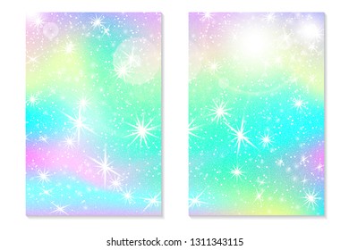 Unicorn rainbow background. Holographic sky in pastel color. Bright hologram mermaid pattern in princess colors. Vector illustration. Unicorn Fantasy gradient colorful rainbow backdrop.