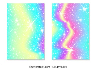 Unicorn rainbow background. Holographic sky in pastel color. Bright hologram mermaid pattern in princess colors. Vector illustration. Unicorn Fantasy gradient colorful rainbow backdrop.