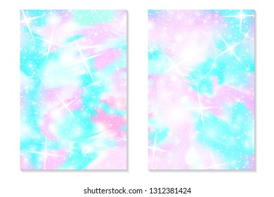 Unicorn rainbow background. Holographic sky in pastel color. Bright hologram mermaid pattern in princess colors. Vector illustration. Unicorn Fantasy gradient colorful rainbow backdrop.