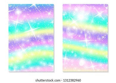 Unicorn rainbow background. Holographic sky in pastel color. Bright hologram mermaid pattern in princess colors. Vector illustration. Unicorn Fantasy gradient colorful rainbow backdrop.