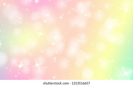 Unicorn rainbow background. Holographic sky in pastel color. Bright mermaid pattern in princess colors. Vector illustration. Fantasy gradient colorful backdrop with rainbow mesh.