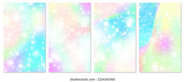 Unicorn rainbow background. Holographic sky in pastel color. Bright hologram mermaid pattern in princess colors. Vector illustration. Unicorn Fantasy gradient colorful rainbow backdrop.