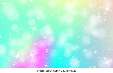 Unicorn rainbow background. Holographic sky in pastel color. Bright mermaid pattern in princess colors. Vector illustration. Fantasy gradient colorful backdrop with rainbow mesh.