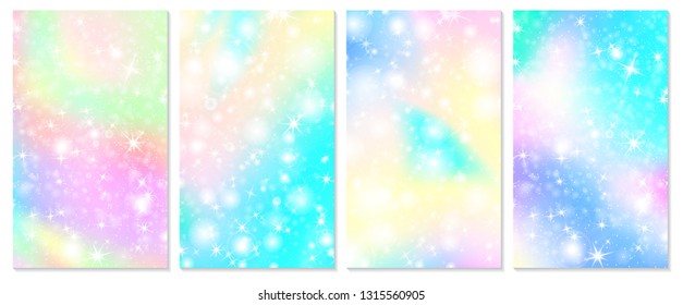Unicorn rainbow background. Holographic sky in pastel color. Bright hologram mermaid pattern in princess colors. Vector illustration. Unicorn Fantasy gradient colorful rainbow backdrop.
