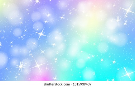 Unicorn rainbow background. Holographic sky in pastel color. Bright mermaid pattern in princess colors. Vector illustration. Fantasy gradient colorful backdrop with rainbow mesh.