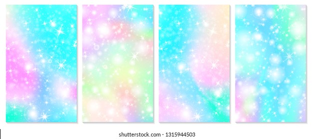 Unicorn rainbow background. Holographic sky in pastel color. Bright hologram mermaid pattern in princess colors. Vector illustration. Unicorn Fantasy gradient colorful rainbow backdrop.