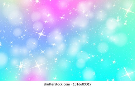 Unicorn rainbow background. Holographic sky in pastel color. Bright mermaid pattern in princess colors. Vector illustration. Fantasy gradient colorful backdrop with rainbow mesh.