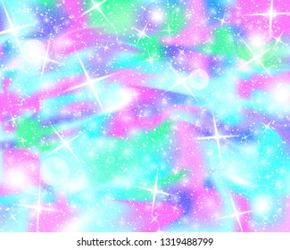 Unicorn rainbow background. Holographic sky in pastel color. Bright mermaid pattern in princess colors. Vector illustration. Fantasy gradient colorful backdrop with rainbow mesh.