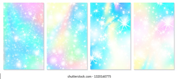 Unicorn rainbow background. Holographic sky in pastel color. Bright hologram mermaid pattern in princess colors. Vector illustration. Unicorn Fantasy gradient colorful rainbow backdrop.