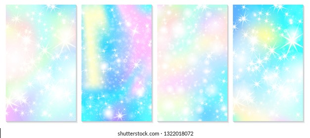 Unicorn rainbow background. Holographic sky in pastel color. Bright hologram mermaid pattern in princess colors. Vector illustration. Unicorn Fantasy gradient colorful rainbow backdrop.