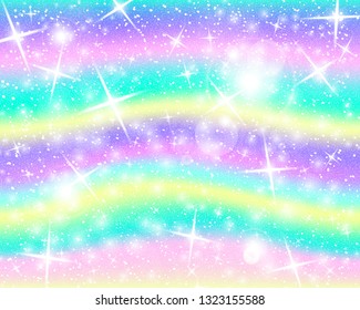 Unicorn rainbow background. Holographic sky in pastel color. Bright mermaid pattern in princess colors. Vector illustration. Fantasy gradient colorful backdrop with rainbow mesh.