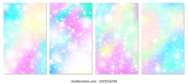 Unicorn rainbow background. Holographic sky in pastel color. Bright hologram mermaid pattern in princess colors. Vector illustration. Unicorn Fantasy gradient colorful rainbow backdrop.