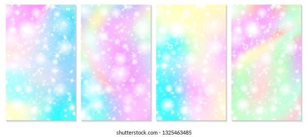 Unicorn rainbow background. Holographic sky in pastel color. Bright hologram mermaid pattern in princess colors. Vector illustration. Unicorn Fantasy gradient colorful rainbow backdrop.