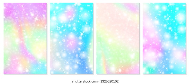 Unicorn rainbow background. Holographic sky in pastel color. Bright hologram mermaid pattern in princess colors. Vector illustration. Unicorn Fantasy gradient colorful rainbow backdrop.