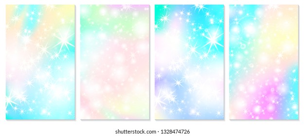 Unicorn rainbow background. Holographic sky in pastel color. Bright hologram mermaid pattern in princess colors. Vector illustration. Unicorn Fantasy gradient colorful rainbow backdrop.