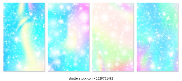 Unicorn rainbow background. Holographic sky in pastel color. Bright hologram mermaid pattern in princess colors. Vector illustration. Unicorn Fantasy gradient colorful rainbow backdrop.