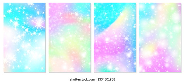 Unicorn rainbow background. Holographic sky in pastel color. Bright hologram mermaid pattern in princess colors. Vector illustration. Unicorn Fantasy gradient colorful rainbow backdrop.