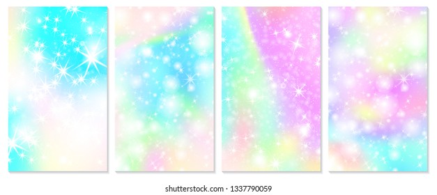 Unicorn rainbow background. Holographic sky in pastel color. Bright hologram mermaid pattern in princess colors. Vector illustration. Unicorn Fantasy gradient colorful rainbow backdrop.