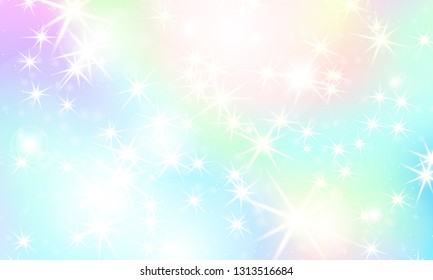 Unicorn rainbow background. Kawaii colorful backdrop with rainbow mesh. Holographic sky in pastel color. Bright mermaid pattern in princess colors. Vector illustration.