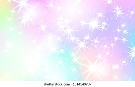 Unicorn rainbow background. Kawaii colorful backdrop with rainbow mesh. Holographic sky in pastel color. Bright mermaid pattern in princess colors. Vector illustration.