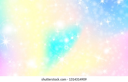 Unicorn rainbow background. Kawaii colorful backdrop with rainbow mesh. Holographic sky in pastel color. Bright mermaid pattern in princess colors. Vector illustration.