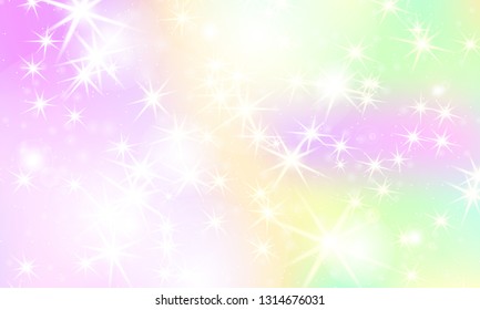 Unicorn rainbow background. Kawaii colorful backdrop with rainbow mesh. Holographic sky in pastel color. Bright mermaid pattern in princess colors. Vector illustration.