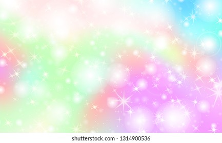 Unicorn rainbow background. Kawaii colorful backdrop with rainbow mesh. Holographic sky in pastel color. Bright mermaid pattern in princess colors. Vector illustration.