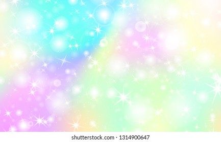 Unicorn rainbow background. Kawaii colorful backdrop with rainbow mesh. Holographic sky in pastel color. Bright mermaid pattern in princess colors. Vector illustration.