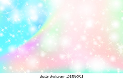 Unicorn rainbow background. Kawaii colorful backdrop with rainbow mesh. Holographic sky in pastel color. Bright mermaid pattern in princess colors. Vector illustration.