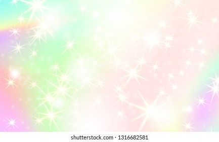 Unicorn rainbow background. Kawaii colorful backdrop with rainbow mesh. Holographic sky in pastel color. Bright mermaid pattern in princess colors. Vector illustration.