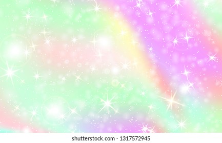 Unicorn rainbow background. Kawaii colorful backdrop with rainbow mesh. Holographic sky in pastel color. Bright mermaid pattern in princess colors. Vector illustration.