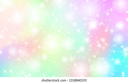 Unicorn rainbow background. Kawaii colorful backdrop with rainbow mesh. Holographic sky in pastel color. Bright mermaid pattern in princess colors. Vector illustration.