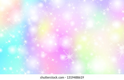 Unicorn rainbow background. Kawaii colorful backdrop with rainbow mesh. Holographic sky in pastel color. Bright mermaid pattern in princess colors. Vector illustration.