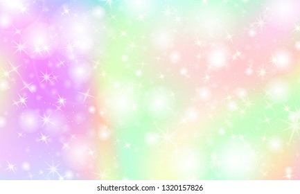 Unicorn rainbow background. Kawaii colorful backdrop with rainbow mesh. Holographic sky in pastel color. Bright mermaid pattern in princess colors. Vector illustration.