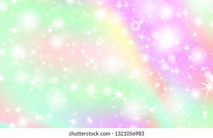 Unicorn rainbow background. Kawaii colorful backdrop with rainbow mesh. Holographic sky in pastel color. Bright mermaid pattern in princess colors. Vector illustration.