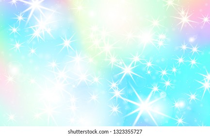 Unicorn rainbow background. Kawaii colorful backdrop with rainbow mesh. Holographic sky in pastel color. Bright mermaid pattern in princess colors. Vector illustration.