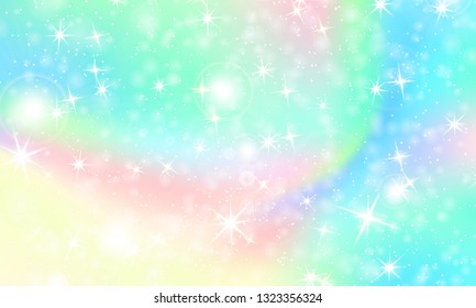 Unicorn rainbow background. Kawaii colorful backdrop with rainbow mesh. Holographic sky in pastel color. Bright mermaid pattern in princess colors. Vector illustration.