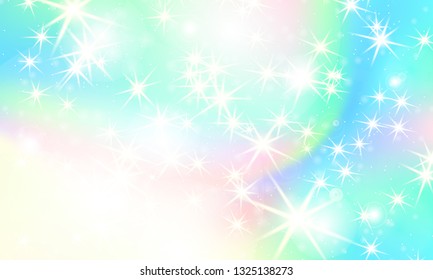 Unicorn rainbow background. Kawaii colorful backdrop with rainbow mesh. Holographic sky in pastel color. Bright mermaid pattern in princess colors. Vector illustration.