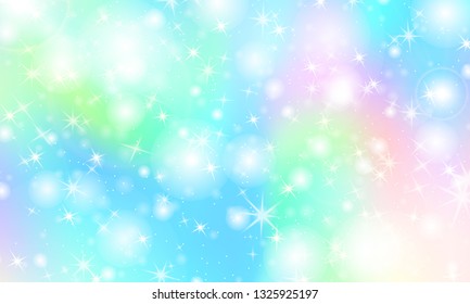 Unicorn rainbow background. Kawaii colorful backdrop with rainbow mesh. Holographic sky in pastel color. Bright mermaid pattern in princess colors. Vector illustration.