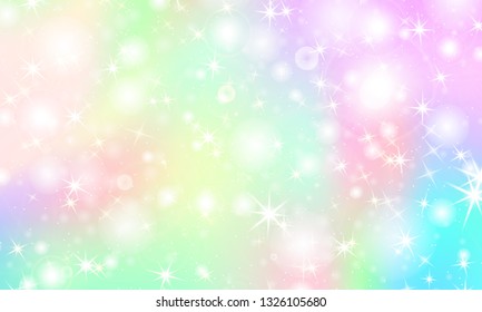 Unicorn rainbow background. Kawaii colorful backdrop with rainbow mesh. Holographic sky in pastel color. Bright mermaid pattern in princess colors. Vector illustration.