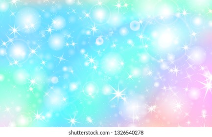 Unicorn rainbow background. Kawaii colorful backdrop with rainbow mesh. Holographic sky in pastel color. Bright mermaid pattern in princess colors. Vector illustration.