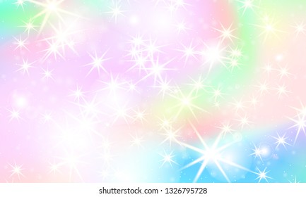 Unicorn rainbow background. Kawaii colorful backdrop with rainbow mesh. Holographic sky in pastel color. Bright mermaid pattern in princess colors. Vector illustration.