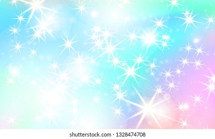 Unicorn rainbow background. Kawaii colorful backdrop with rainbow mesh. Holographic sky in pastel color. Bright mermaid pattern in princess colors. Vector illustration.