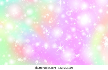 Unicorn rainbow background. Kawaii colorful backdrop with rainbow mesh. Holographic sky in pastel color. Bright mermaid pattern in princess colors. Vector illustration.