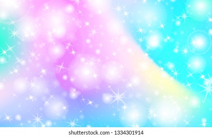 Unicorn rainbow background. Kawaii colorful backdrop with rainbow mesh. Holographic sky in pastel color. Bright mermaid pattern in princess colors. Vector illustration.