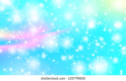 Unicorn rainbow background. Kawaii colorful backdrop with rainbow mesh. Holographic sky in pastel color. Bright mermaid pattern in princess colors. Vector illustration.